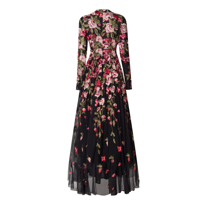 Black Floral Embroidery Tulle Gown