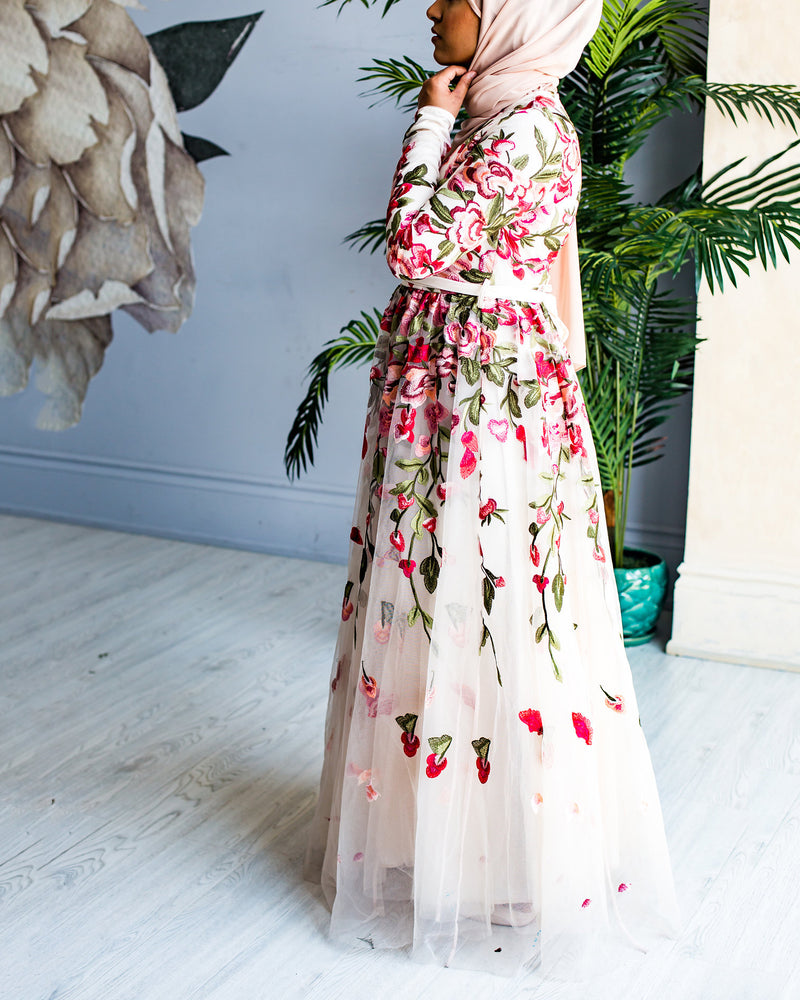 Nude Floral Embroidery Tulle Gown